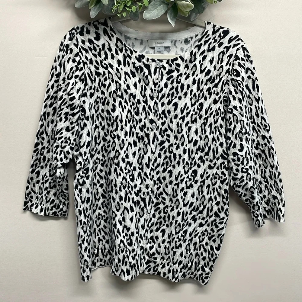 CJ Banks Cardigan Sweater Leopard Print 3/4 Sleeve 1X